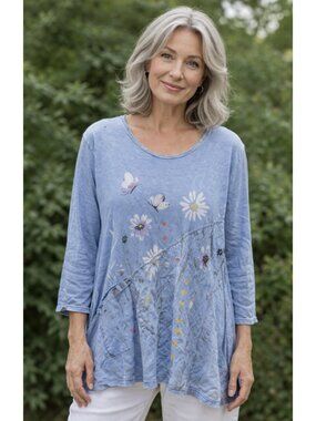 JESS & JANE Artsy Abstract Art To Wear Floral Asymmetric Top Lagenlook Size 2XL